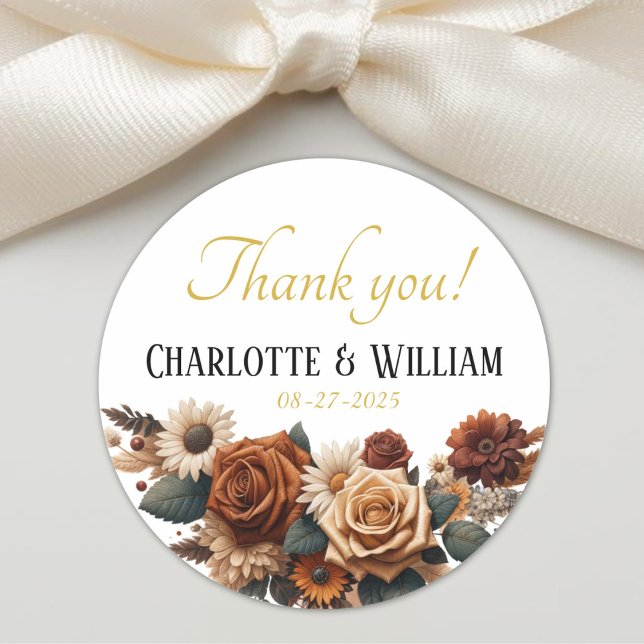 Pegatina Redonda Gracias! Boda Floral Rústica (Thank you! Rustic Floral Wedding Classic Round Sticker)