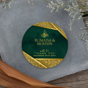 Pegatina Redonda Gracias Boda islámico del oro verde esmeralda