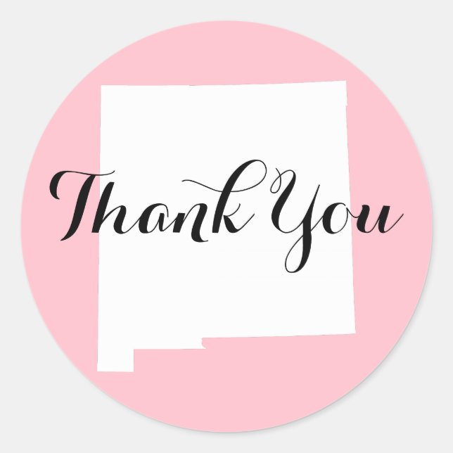 Pegatina Redonda Gracias Boda Nuevo México Rosado Blanco y Negro (Anverso)