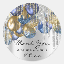 Pegatina Redonda Gracias Boda nupcial Ballon Blue Navy Drips Silver