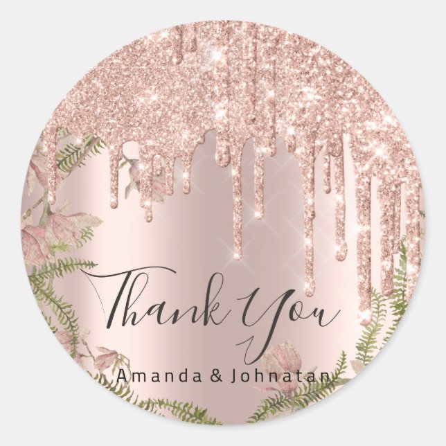 Pegatina Redonda Gracias Boda Rosa Purpurina Floral (Anverso)