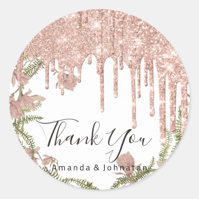 Pegatina Redonda Gracias Boda Rosa Purpurina Floral White (Anverso)