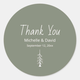 Pegatina Redonda Gracias Boda Rústico Verde Sage Pine Tree