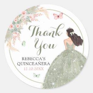 Pegatina Redonda Gracias Boho Sage Green Pink Quinceañera