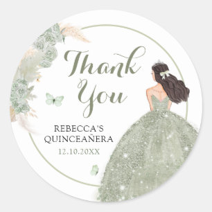 Pegatina Redonda Gracias Boho Sage Green Quinceañera