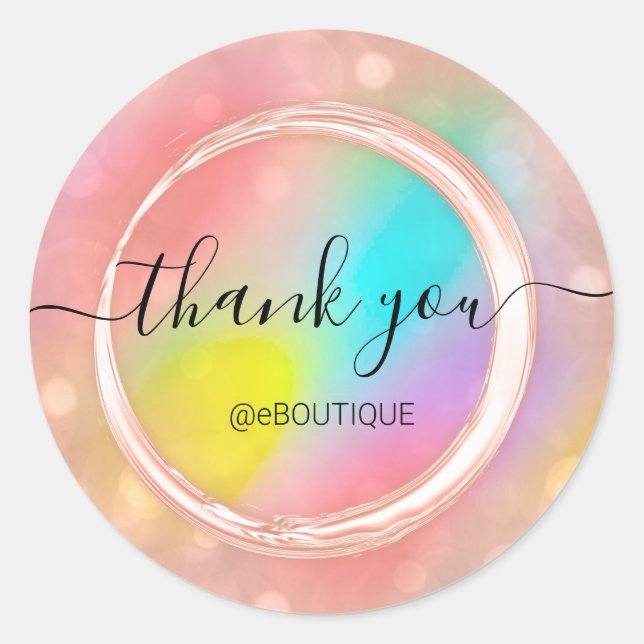Pegatina Redonda Gracias Boutique Business Name Holograph Rainbow (Anverso)
