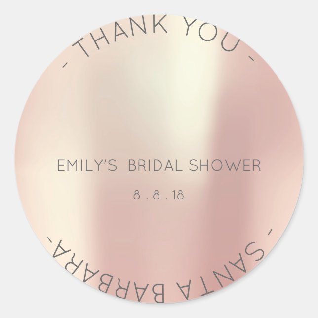 Pegatina Redonda Gracias Bridal Shower Pink Rose Pearly Champlain (Anverso)