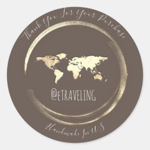 Pegatina Redonda Gracias Brown Gold World Map Travelling Globe