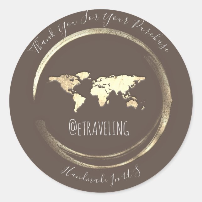 Pegatina Redonda Gracias Brown Gold World Map Travelling Globe (Anverso)