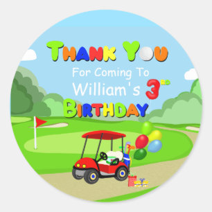 Pegatina Redonda Gracias Carrito de Golf Rojo Cumpleaños 3 Niño