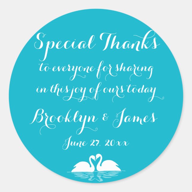 Pegatina Redonda Gracias Cazadores De La Boda Blanca Azul Con Cisne (Anverso)