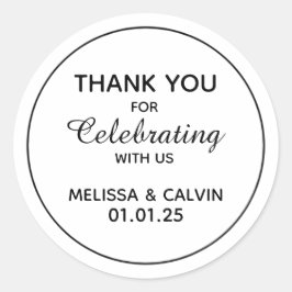 Pegatina Redonda Gracias, celebrando con nosotros, regalos de boda