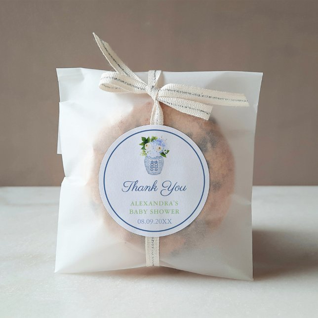 Pegatina Redonda Gracias Chinoiserie Moda Azul Verde Floral Favor (Chinoiserie Chic Navy Blue Chartreuse Green Baby Shower Favor or Bridal Shower Thank you sticker)