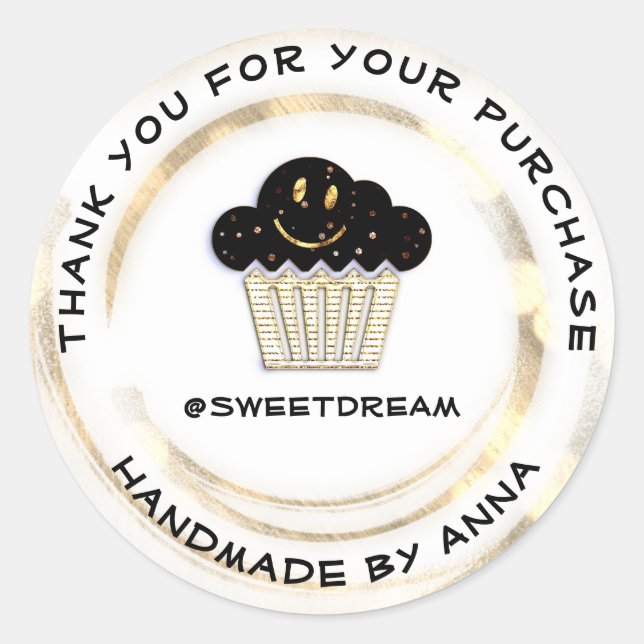 Pegatina Redonda Gracias comprar chocolate Muffin Sonríe Oro Blanco (Anverso)