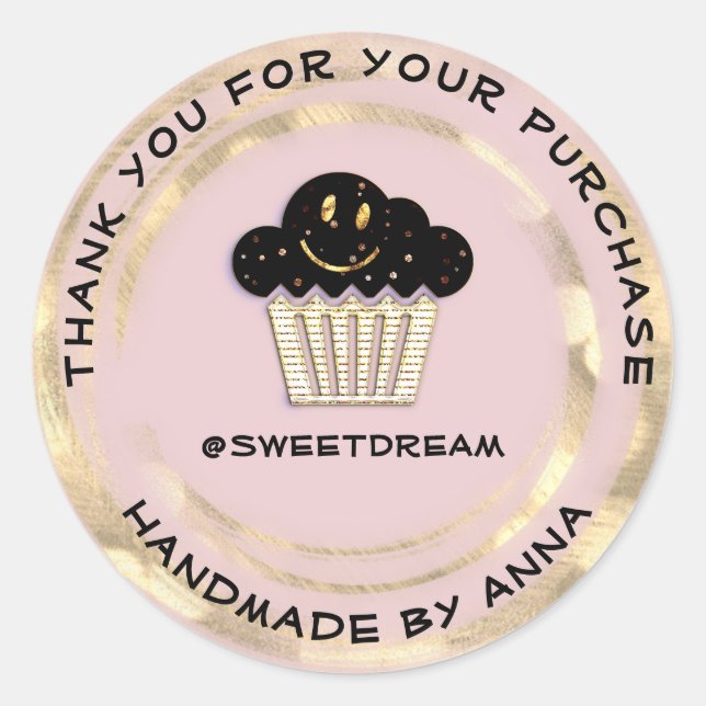 Pegatina Redonda Gracias Comprar Chocolate Muffin Sonríe Oro Polvo (Anverso)