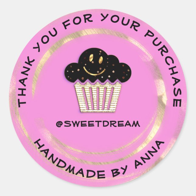 Pegatina Redonda Gracias Comprar Chocolate Muffin Sonríe Oro Rosa (Anverso)