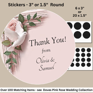 Pegatina Redonda ¡Gracias! con Nombres, Rosas Blancas y Palomas