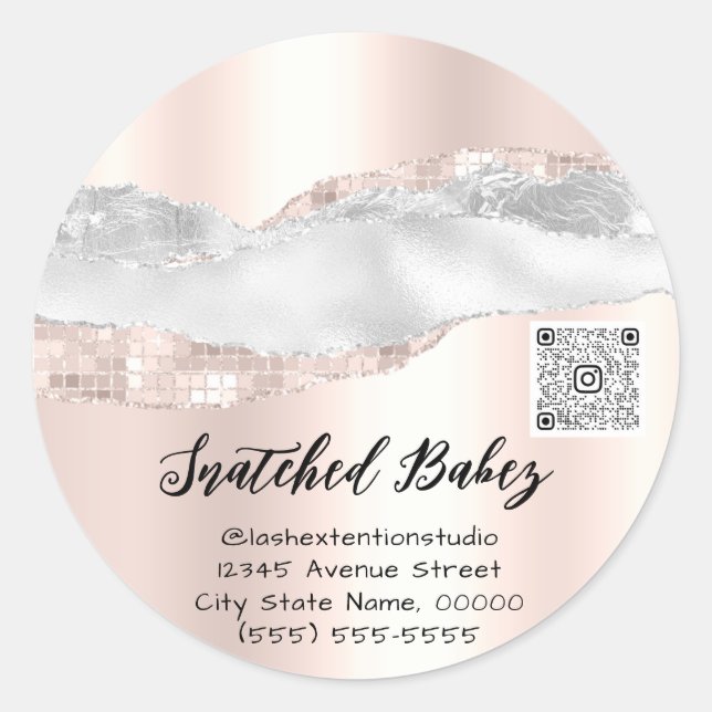 Pegatina Redonda Gracias Cosméticos Logo QR Código Rosa Gris (Anverso)