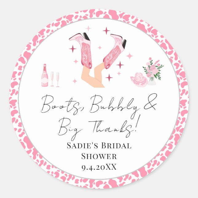 Pegatina Redonda Gracias Cowboy Boots & Bubbly Bridal Shower (Anverso)