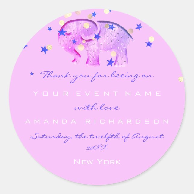 Pegatina Redonda Gracias cumpleaños Baby Shower Elephant Blue (Anverso)