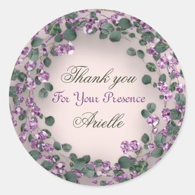 Pegatina Redonda Gracias Cumpleaños Eucalipto Púrpura Verde Polvo (Anverso)