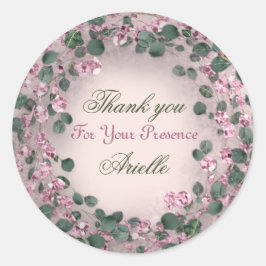 Pegatina Redonda Gracias Cumpleaños Eucalipto Rosa Menta Rústica