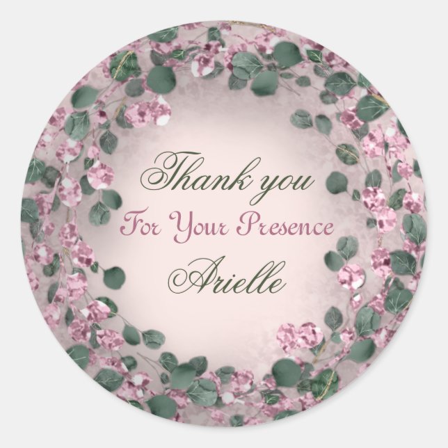 Pegatina Redonda Gracias Cumpleaños Rústico Menta Rosa Eucalipto (Anverso)