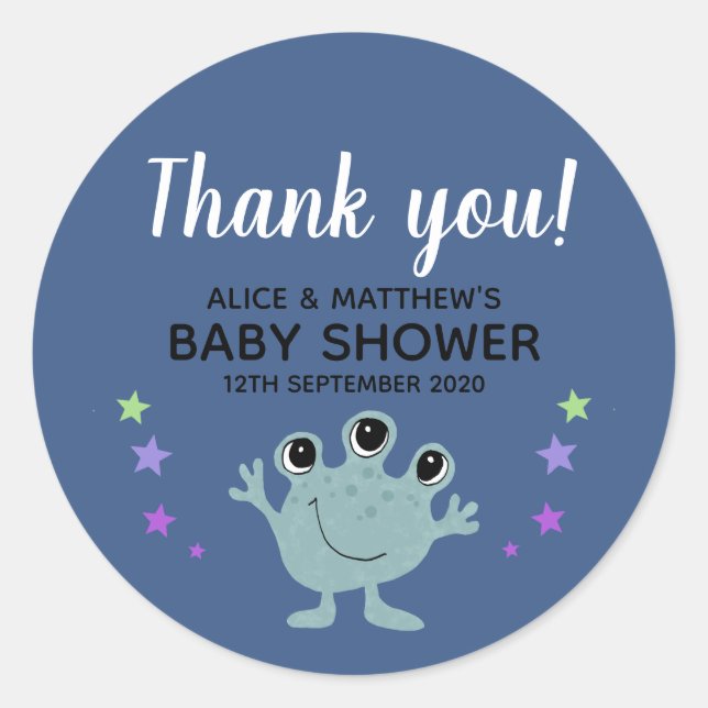 Pegatina Redonda Gracias, Cute Boys Space Alien Baby Shower (Anverso)
