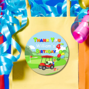 Pegatina Redonda Gracias Cute Cumpleaños 4 Rojo Carrito de Golf Niñ