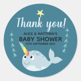 Pegatina Redonda Gracias, Cute Narwhal Ocean Unisex Baby Shower