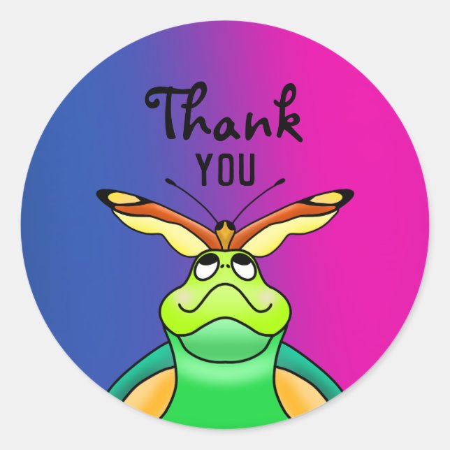 Pegatina Redonda Gracias, Cute Tortoise Happy Butterfly (Anverso)