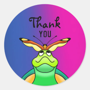 Pegatina Redonda Gracias, Cute Tortoise Happy Butterfly