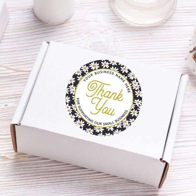 Pegatina Redonda Gracias Daisy Floral Business (Add this elegant thank-you sticker to your business stationery to surprise your customers. Buy now!)