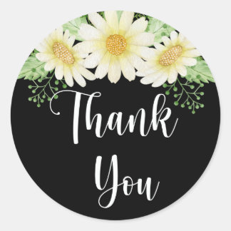 Pegatina Redonda Gracias Daisy Flowers Black