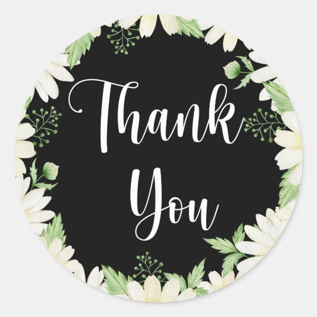 Pegatina Redonda Gracias Daisy Flowers Black Classic Round Stick (Anverso)