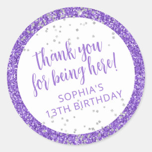 Pegatina Redonda Gracias de Purpura Plata Brillante Confeti