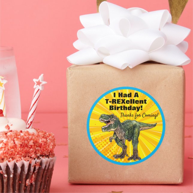 Pegatina Redonda Gracias Dino T-Rex Dinosaur Birthday Classic Torti (Fiesta)
