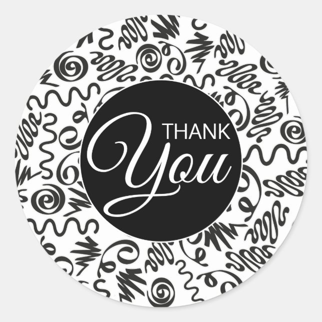 Pegatina Redonda Gracias Doodle Curls Black and White (Anverso)