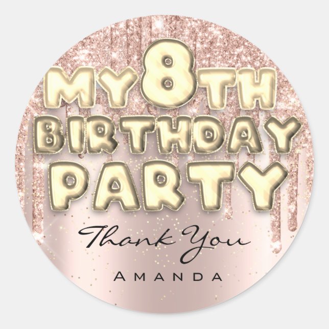 Pegatina Redonda Gracias dulce 8.º cumpleaños Purpurina Drips Rosa (Anverso)