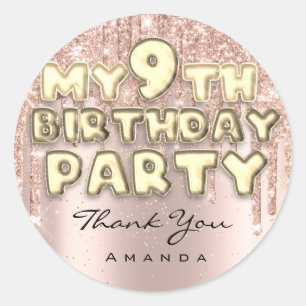 Pegatina Redonda Gracias dulce 9 de cumpleaños Purpurina Drips Rosa