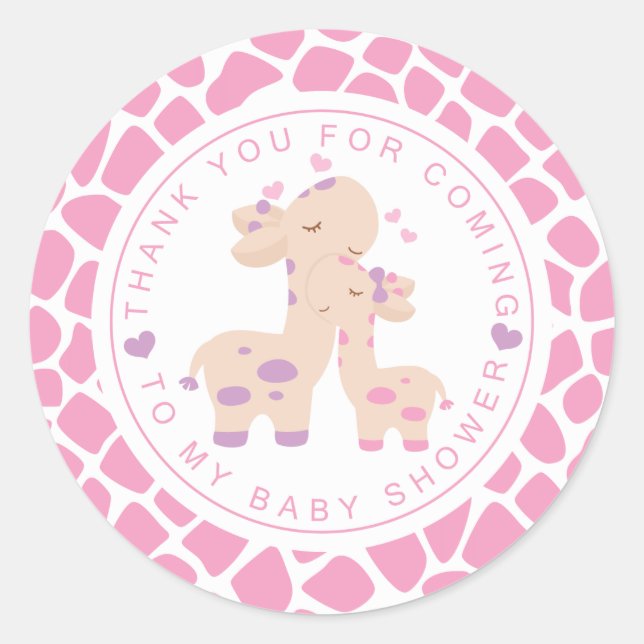 Pegatina Redonda Gracias, dulce bebé rosada, chica Giraffe Baby Sho (Anverso)