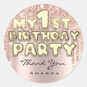 Pegatina Redonda Gracias dulce primer cumpleaños Fiesta Purpurina D