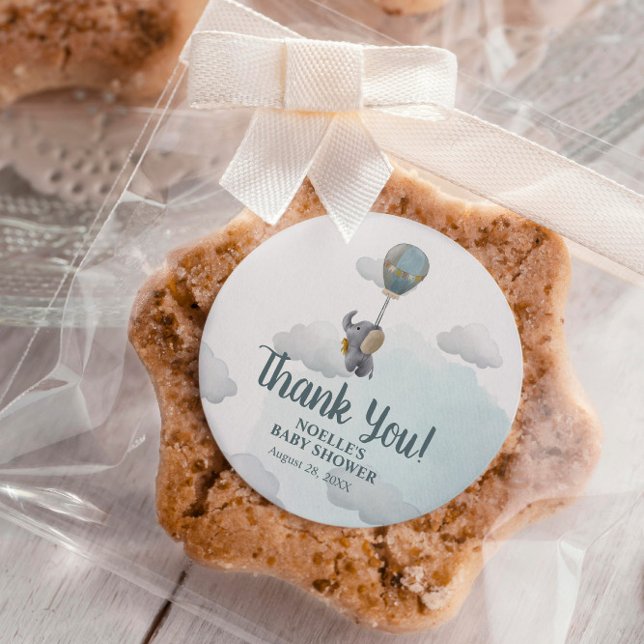 Pegatina Redonda Gracias! Elefante bebé gris en globo de aire calie (Subido por el creador)