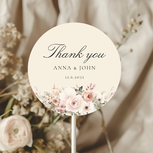 Pegatina Redonda ¡Gracias! Elegante, beige, pastel, flor, boda (Subido por el creador)