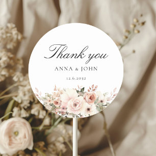 Pegatina Redonda ¡Gracias! Elegante, blanco, pastel, flor, boda