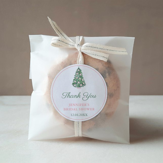 Pegatina Redonda Gracias Elegantes Vacaciones Árbol Favor Verde Ros (Elegant Pink And Green Christmas Wedding Shower Thank You Favor Sticker)