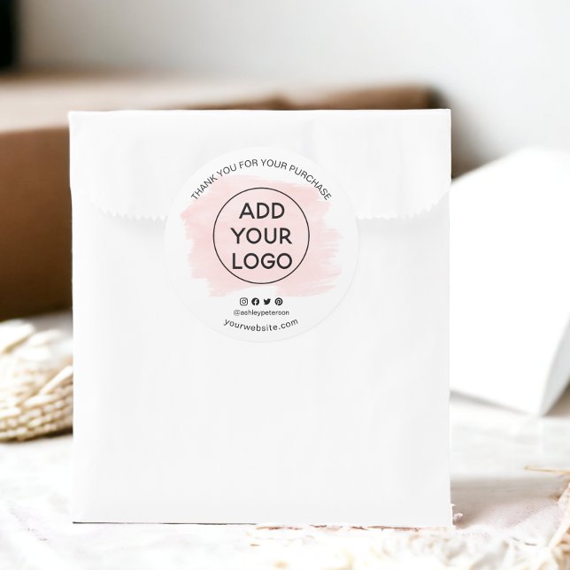 Pegatina Redonda Gracias encargar el logo pinchazo rosa en los medi (Thank you order logo pink brushstroke social media classic round sticker)