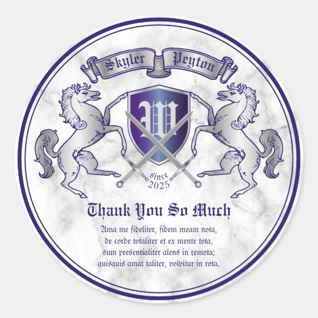 Pegatina Redonda Gracias Escudo de armas Monograma Caballo Plateado (Anverso)