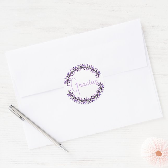 Pegatina Redonda Gracias Español Gracias Violet Typography Wreath (Sobre)