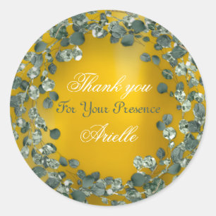 Pegatina Redonda Gracias Eucalipto Cumpleaños Novia Menta Amarillen